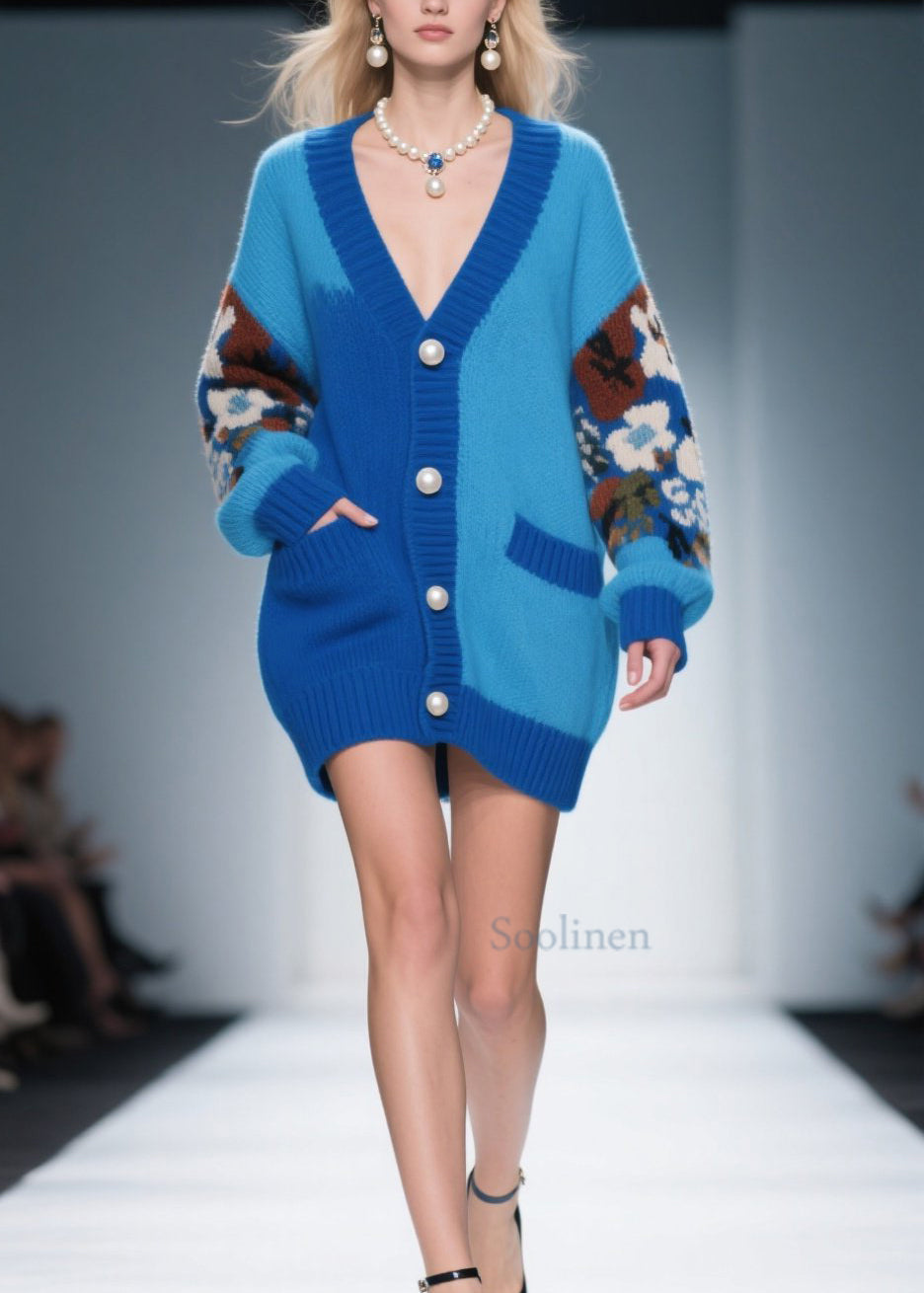 Loose Blue V Neck Print Pockets Button Knit Cardigan Fall