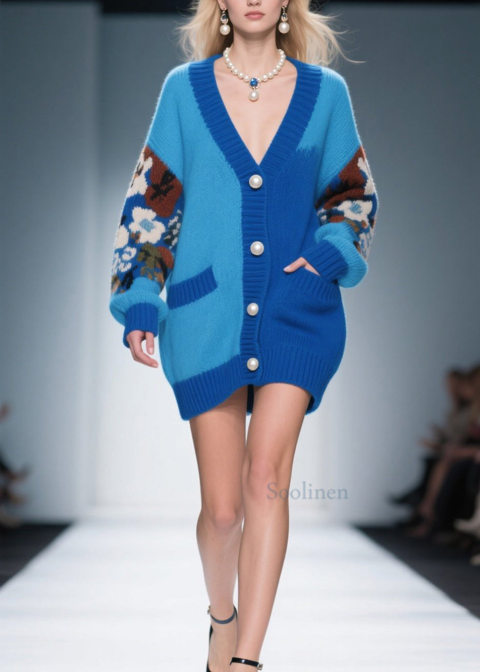 Loose Blue V Neck Print Pockets Button Knit Cardigan Fall