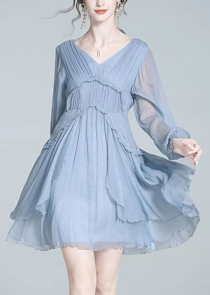 Loose Blue V Neck Ruffled Chiffon Mid Dress Fall