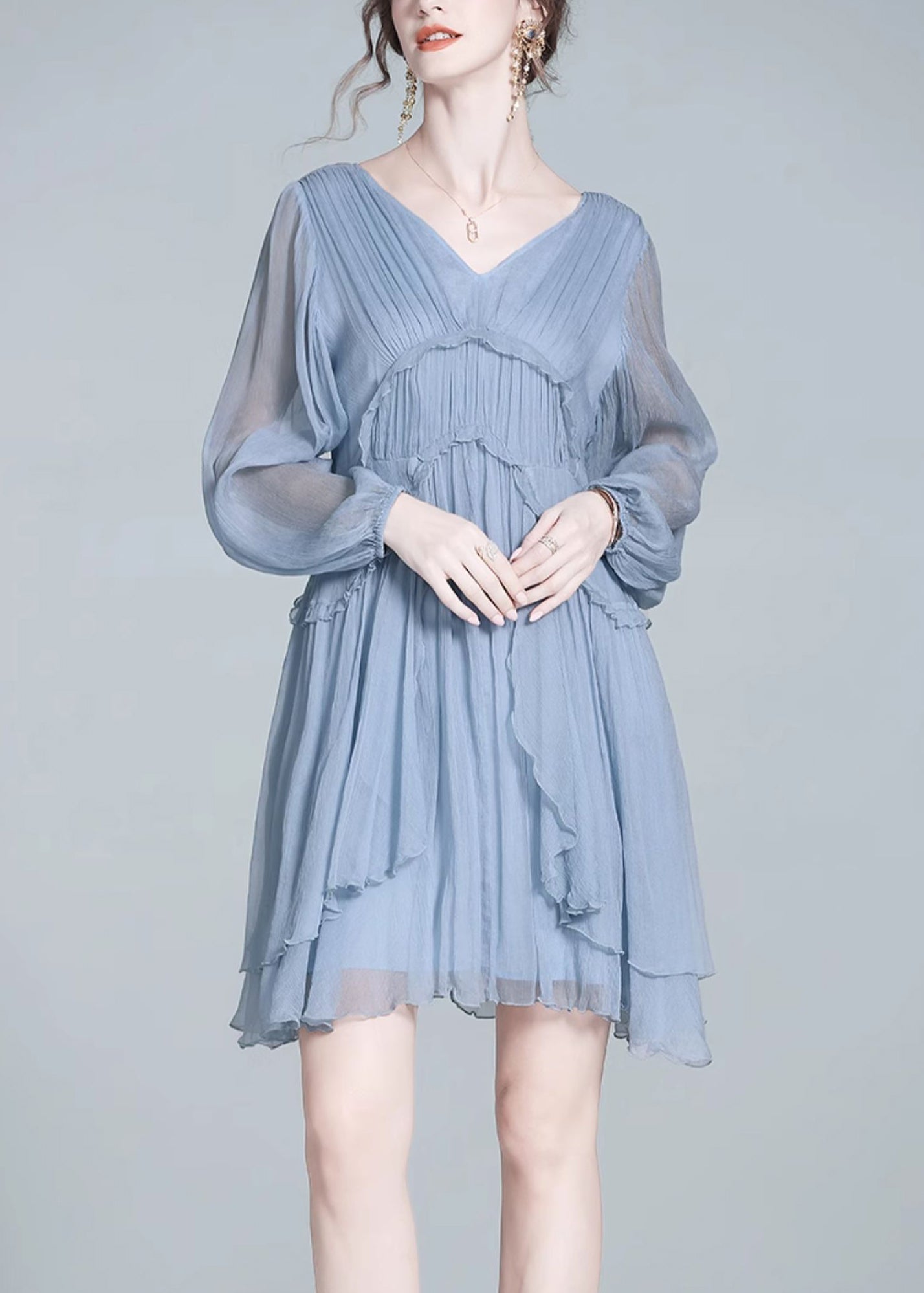 Loose Blue V Neck Ruffled Chiffon Mid Dress Fall