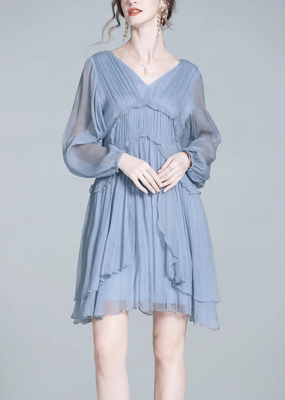 Loose Blue V Neck Ruffled Chiffon Mid Dress Fall