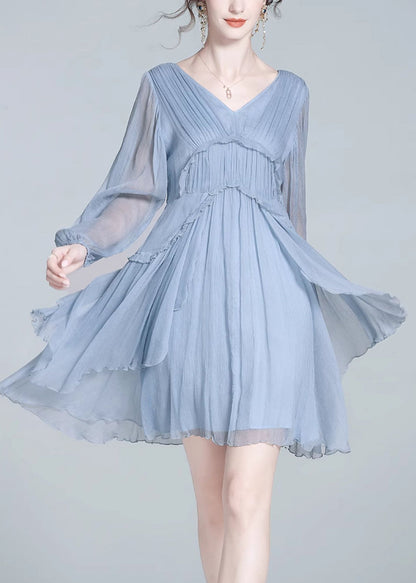 Loose Blue V Neck Ruffled Chiffon Mid Dress Fall