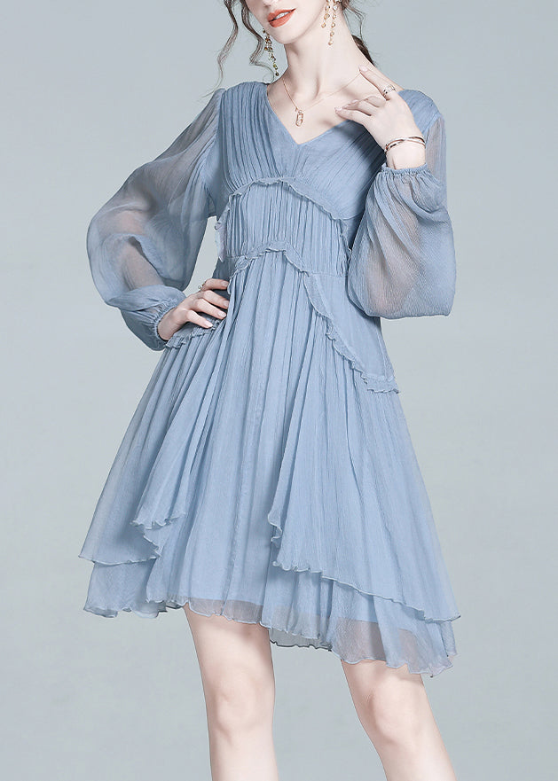 Loose Blue V Neck Ruffled Chiffon Mid Dress Fall