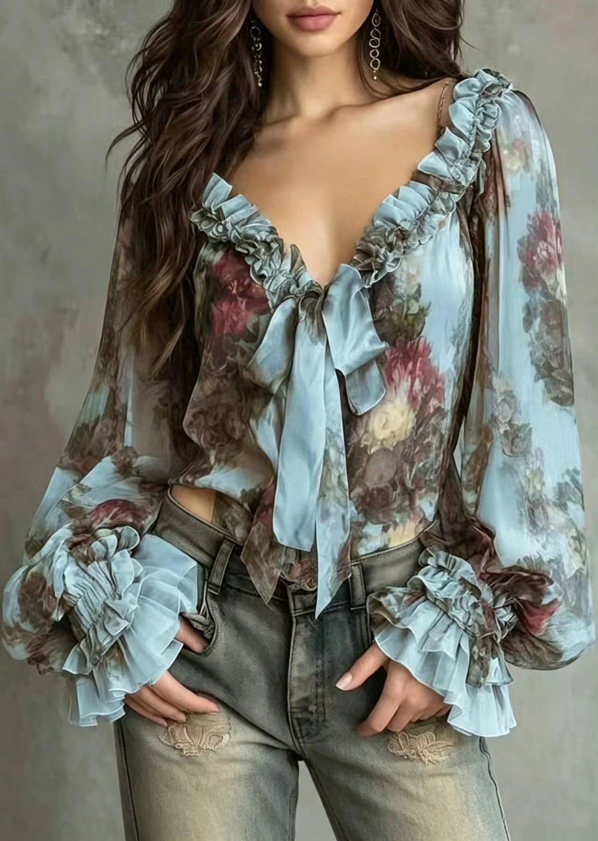 Loose Blue V Neck Ruffled Lace Up Bow Print Chiffon Blouses Puff Sleeve
