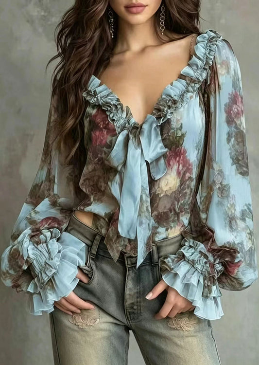 Loose Blue V Neck Ruffled Lace Up Bow Print Chiffon Blouses Puff Sleeve