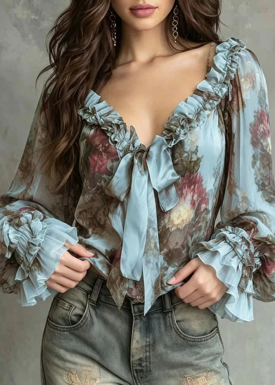 Loose Blue V Neck Ruffled Lace Up Bow Print Chiffon Blouses Puff Sleeve
