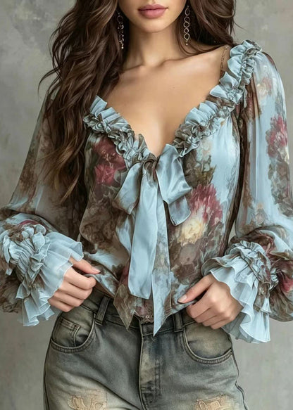 Loose Blue V Neck Ruffled Lace Up Bow Print Chiffon Blouses Puff Sleeve