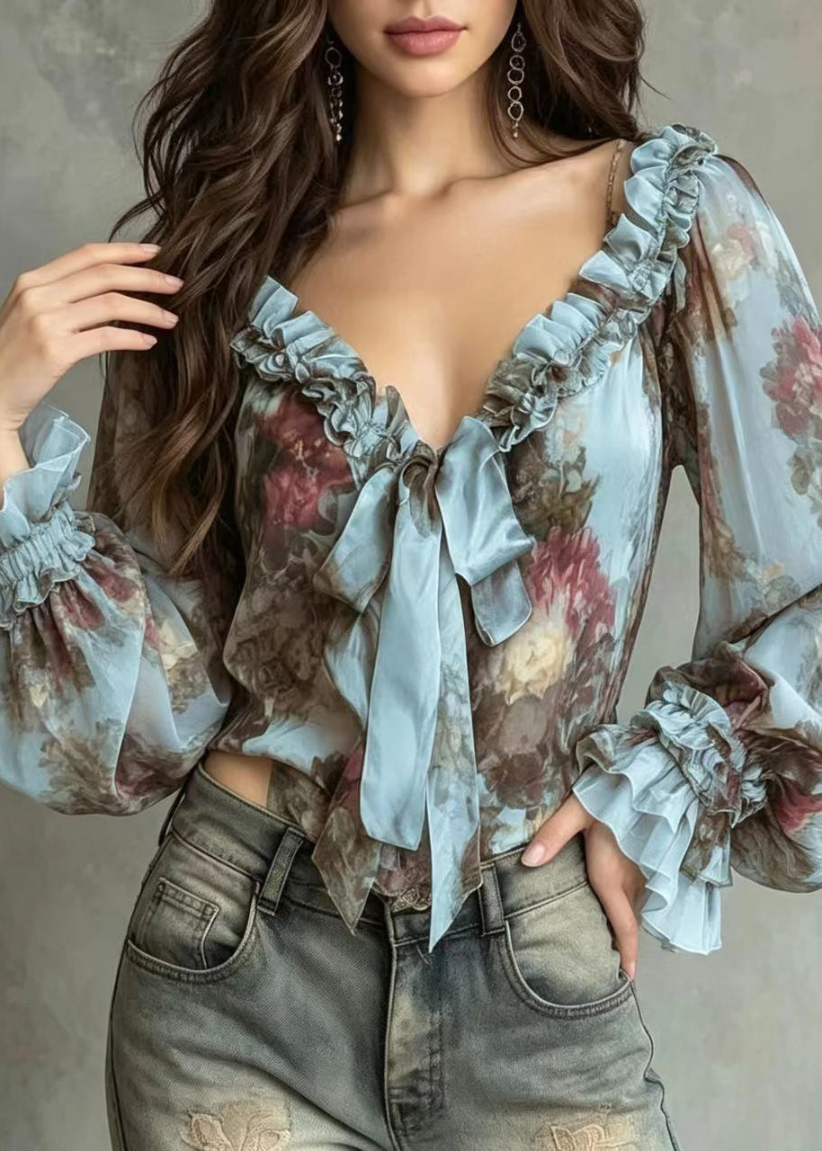 Loose Blue V Neck Ruffled Lace Up Bow Print Chiffon Blouses Puff Sleeve
