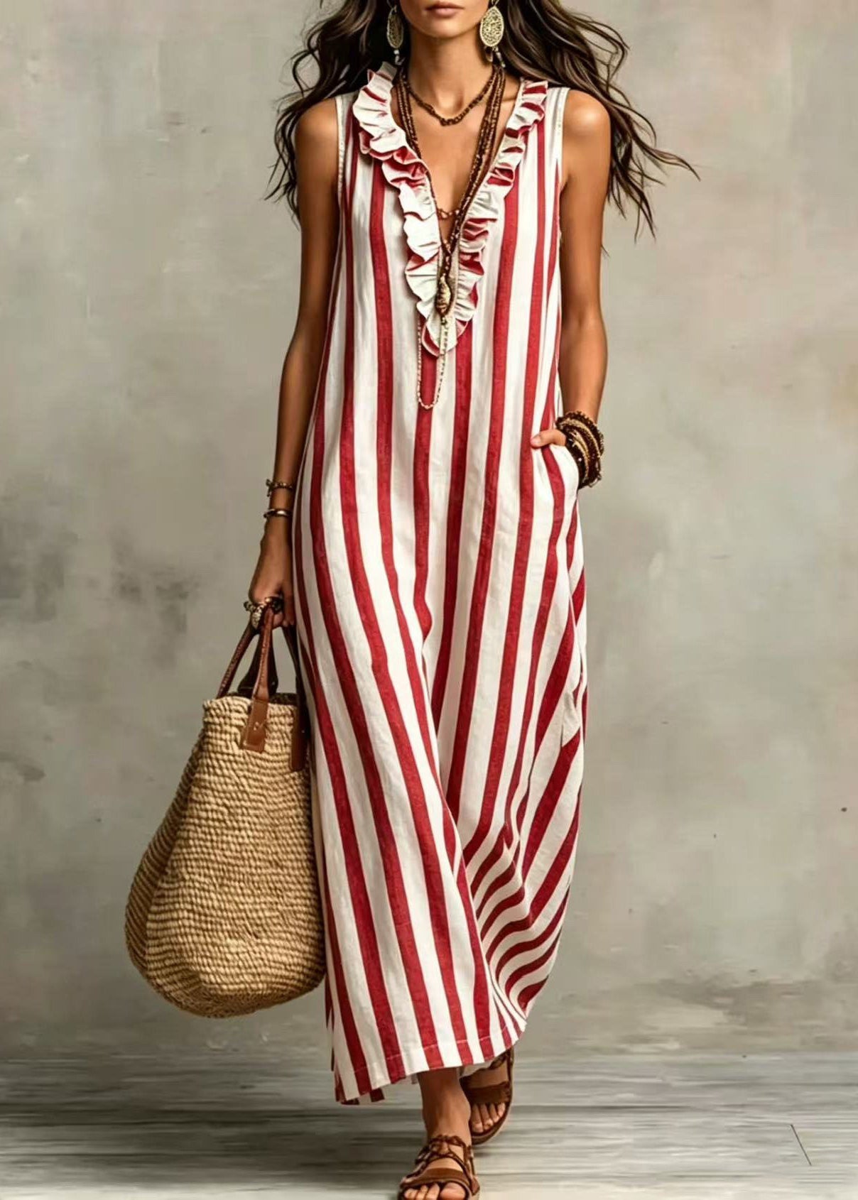 Loose Blue V Neck Ruffled Patchwork Maxi Dresses Sleeveless