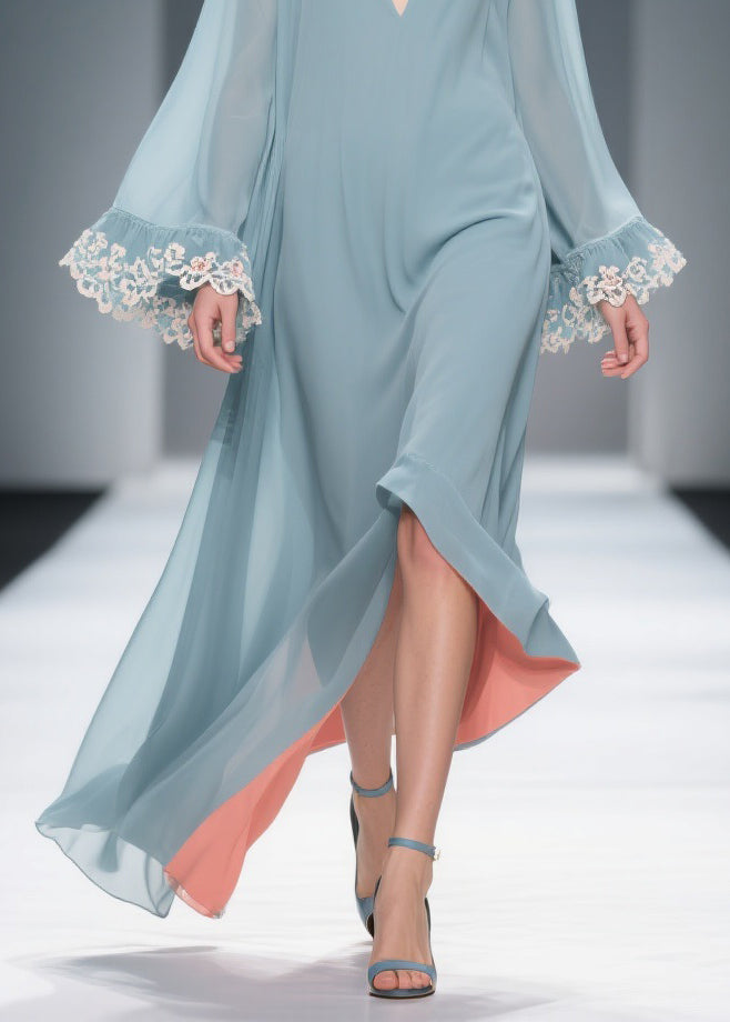 Loose Blue V Neck Solid Chiffon Maxi Dresses Flare Sleeve