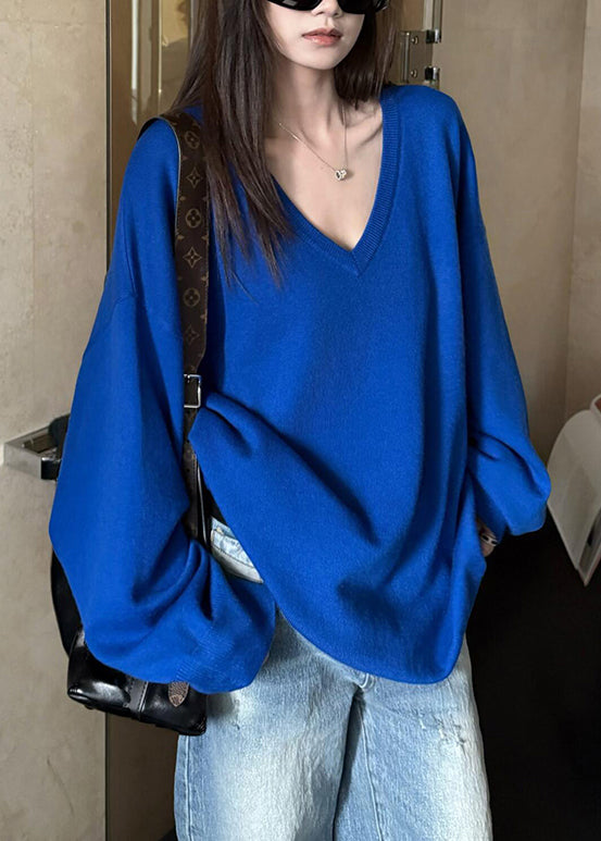 Loose Blue V Neck Solid Knit Sweater Tops Fall