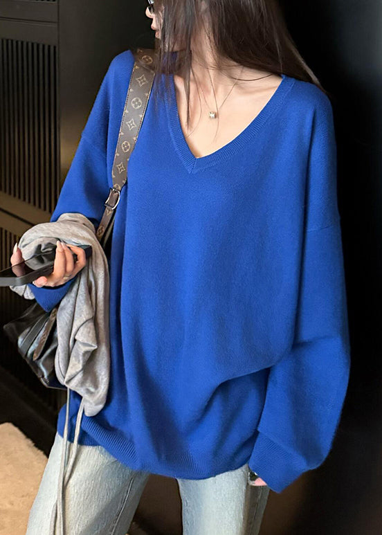 Loose Blue V Neck Solid Knit Sweater Tops Fall