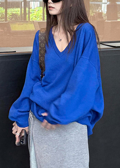 Loose Blue V Neck Solid Knit Sweater Tops Fall