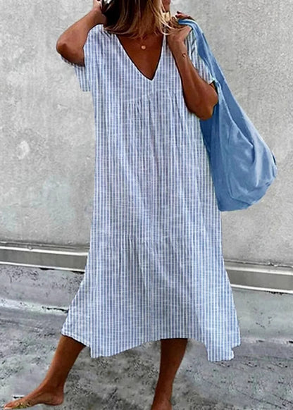 Loose Blue V Neck Striped Cotton Maxi Dresses Summer