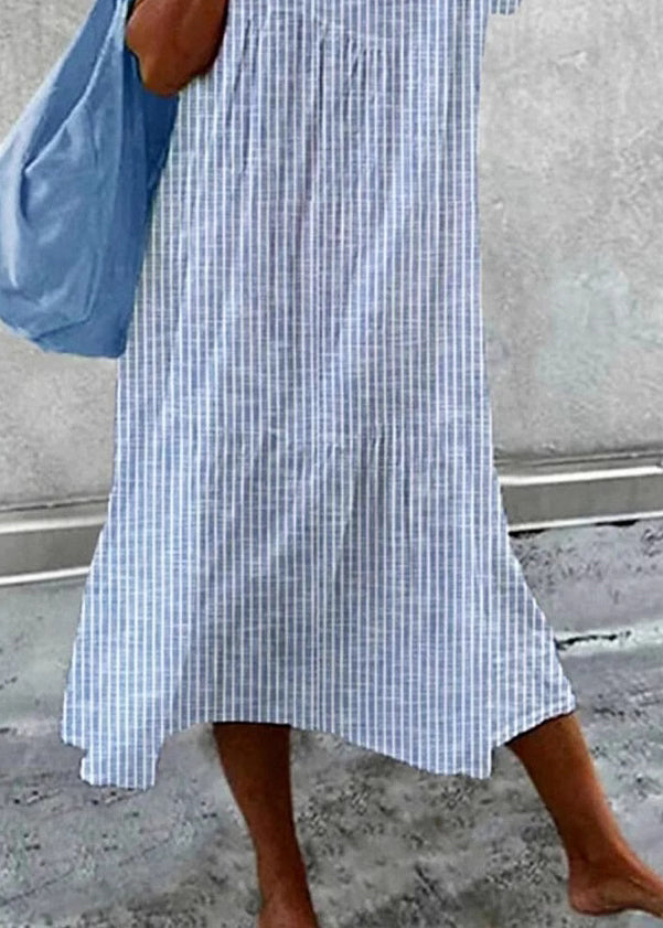 Loose Blue V Neck Striped Cotton Maxi Dresses Summer