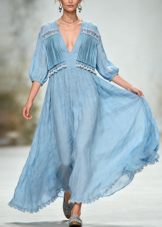 Loose Blue V Neck Wrinkled Patchwork Cotton Long Dress Summer