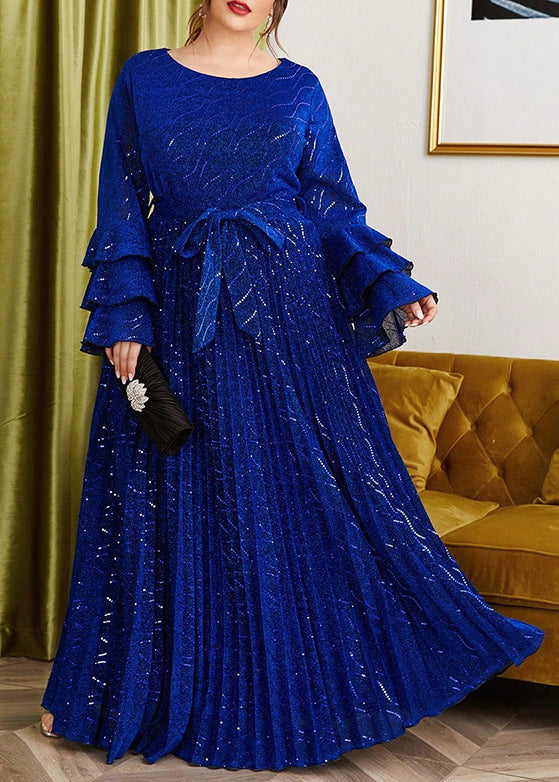 Loose Blue Wrinkled Lace Up Silk Velvet Long Dress Flare Sleeve