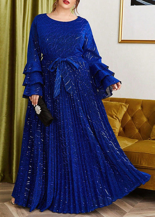 Loose Blue Wrinkled Lace Up Silk Velvet Long Dress Flare Sleeve