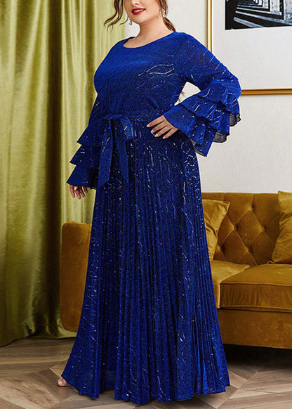 Loose Blue Wrinkled Lace Up Silk Velvet Long Dress Flare Sleeve