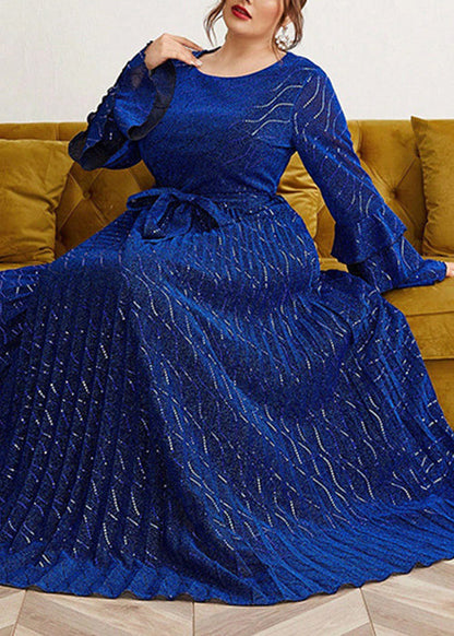 Loose Blue Wrinkled Lace Up Silk Velvet Long Dress Flare Sleeve