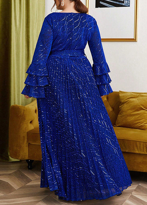 Loose Blue Wrinkled Lace Up Silk Velvet Long Dress Flare Sleeve