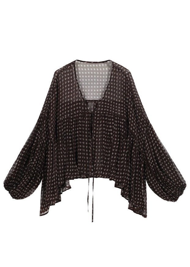 Loose Brown Asymmetrical Wrinkled Print Chiffon Top Summer