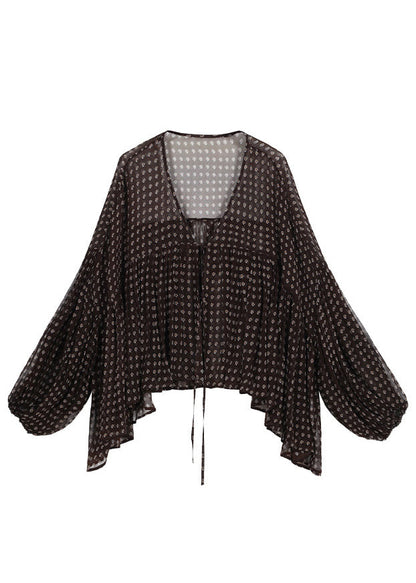 Loose Brown Asymmetrical Wrinkled Print Chiffon Top Summer
