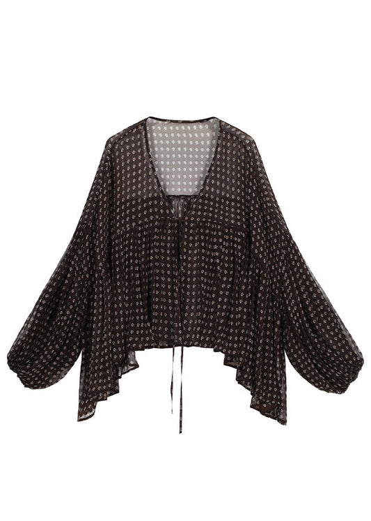 Loose Brown Asymmetrical Wrinkled Print Chiffon Top Summer