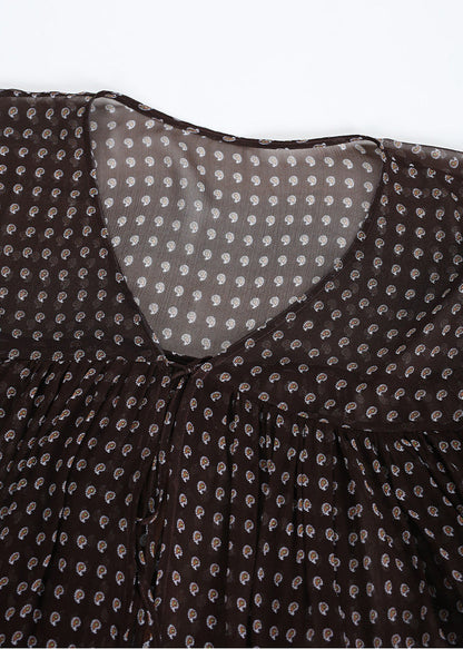 Loose Brown Asymmetrical Wrinkled Print Chiffon Top Summer