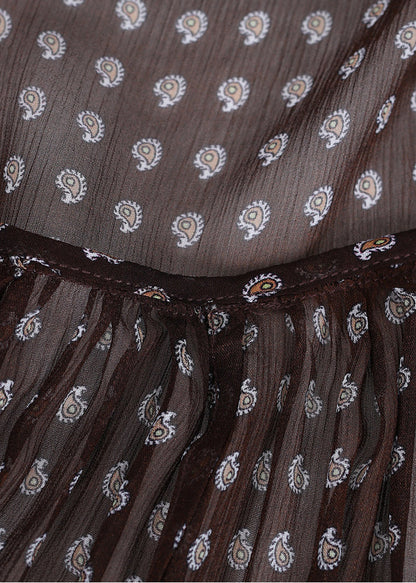 Loose Brown Asymmetrical Wrinkled Print Chiffon Top Summer