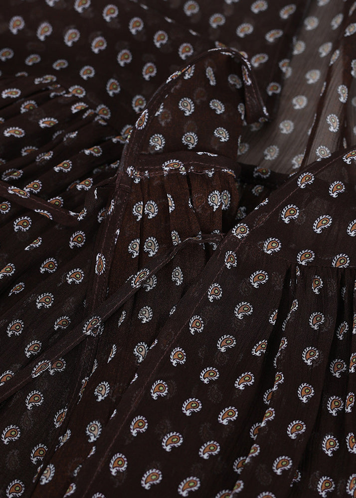 Loose Brown Asymmetrical Wrinkled Print Chiffon Top Summer