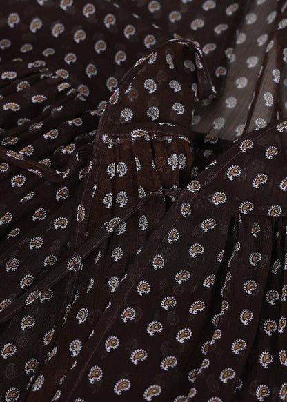 Loose Brown Asymmetrical Wrinkled Print Chiffon Top Summer