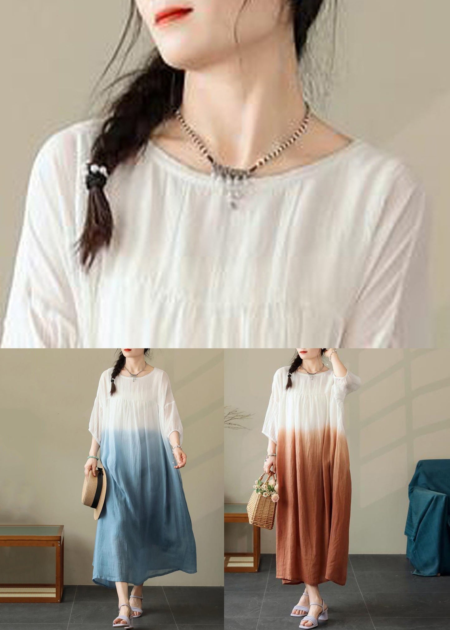 Loose Brown Gradient Color Pockets Cotton Dress Half Sleeve