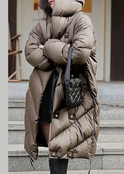 Loose Brown Hooded Button Duck Down Down Coats Winter