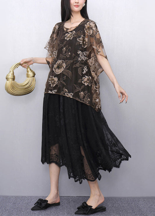 Loose Brown O-Neck Tulle Top And Maxi Dress Two Pieces Set Summer