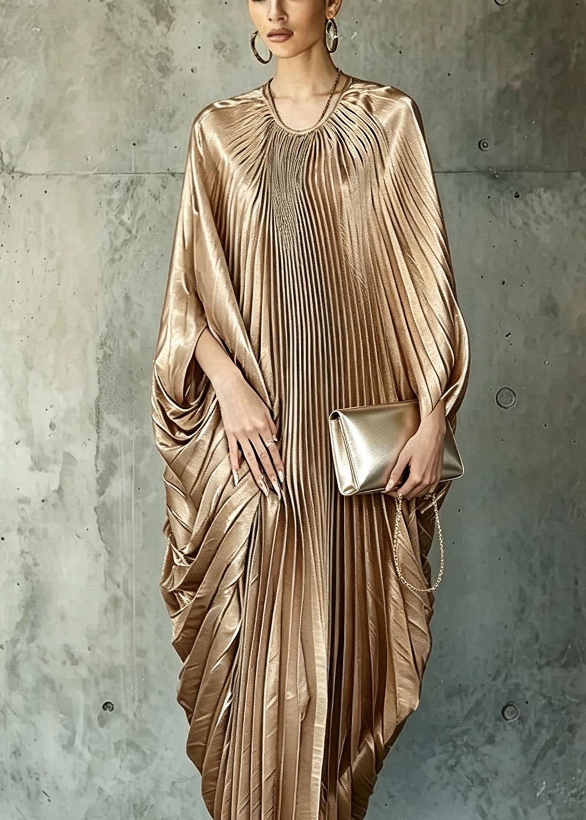Loose Brown O Neck Wrinkled Silk Long Dress Batwing Sleeve