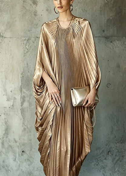 Loose Brown O Neck Wrinkled Silk Long Dress Batwing Sleeve