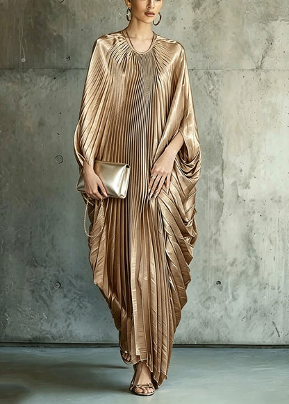 Loose Brown O Neck Wrinkled Silk Long Dress Batwing Sleeve