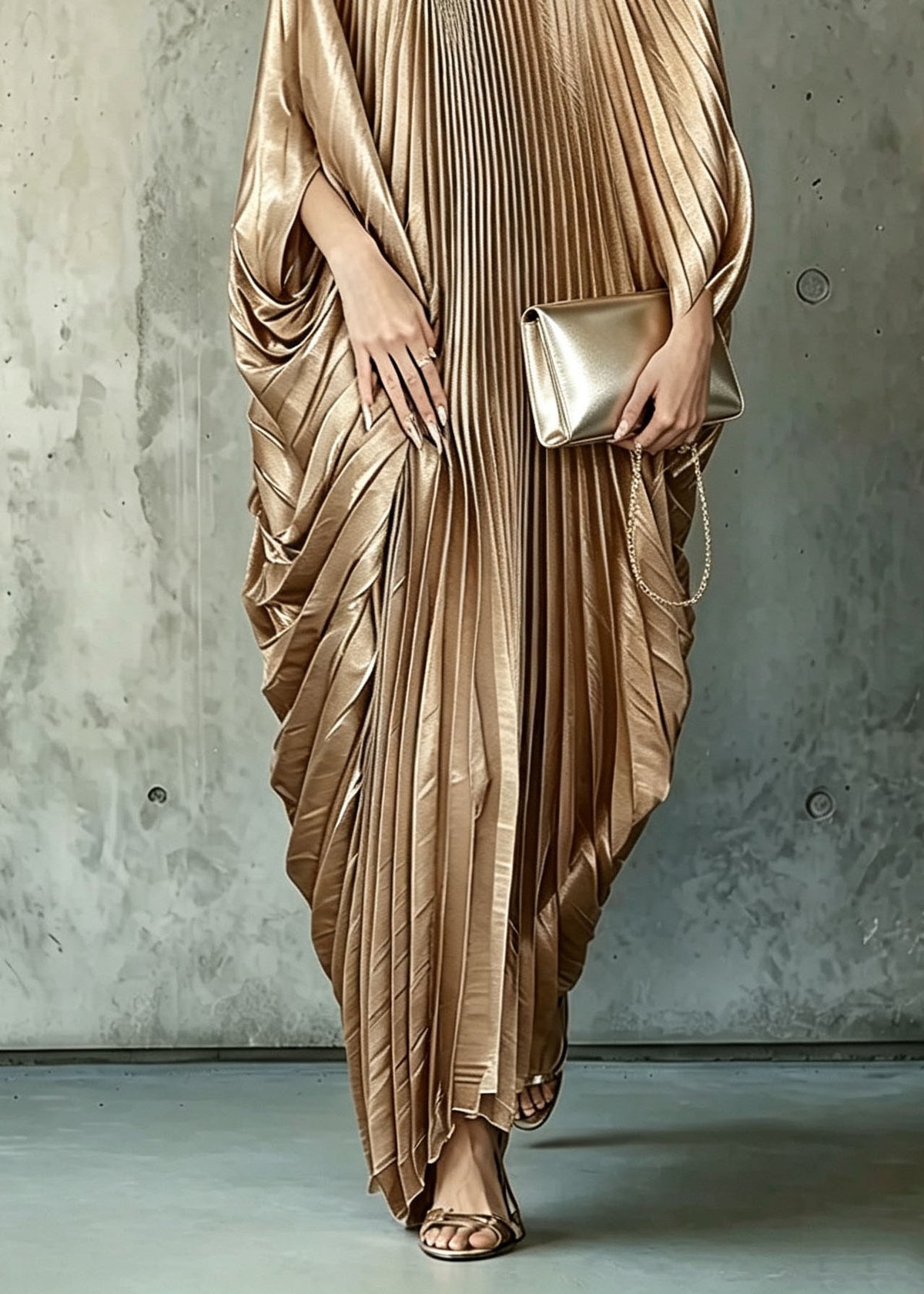 Loose Brown O Neck Wrinkled Silk Long Dress Batwing Sleeve