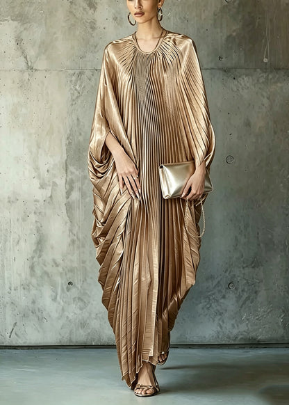 Loose Brown O Neck Wrinkled Silk Long Dress Batwing Sleeve