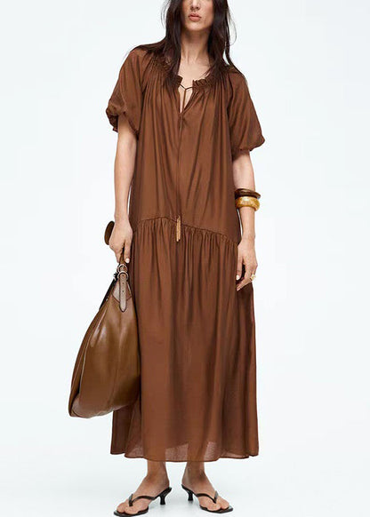 Loose Brown Ruffled Lace Up Cotton Long Dress Summer