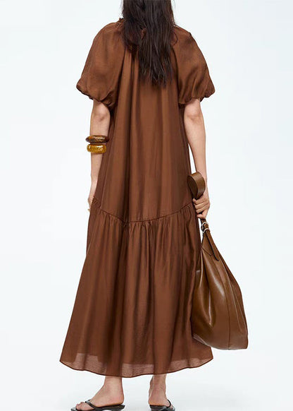 Loose Brown Ruffled Lace Up Cotton Long Dress Summer
