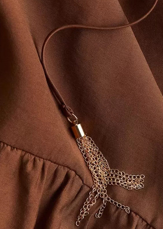 Loose Brown Ruffled Lace Up Cotton Long Dress Summer