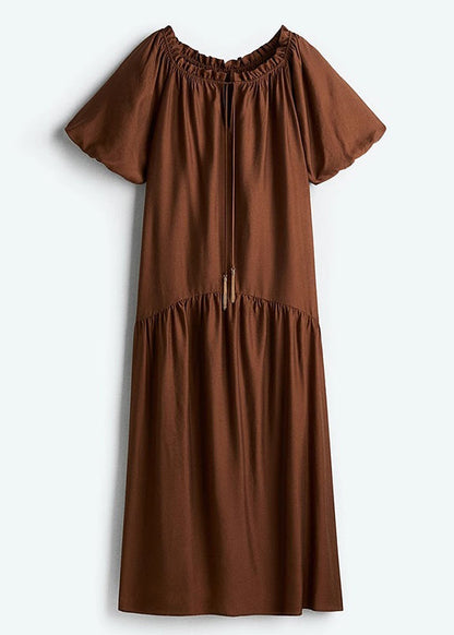 Loose Brown Ruffled Lace Up Cotton Long Dress Summer