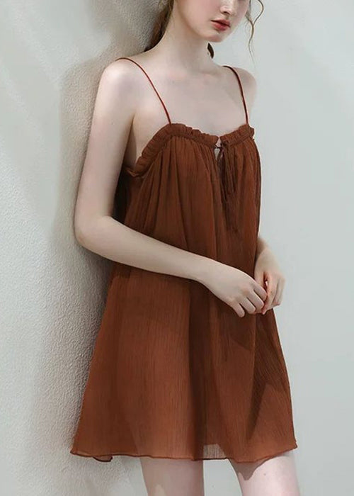 Loose Brown Ruffled Lace Up Spaghetti Strap Dress Sleeveless