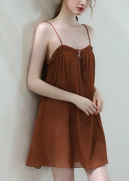 Loose Brown Ruffled Lace Up Spaghetti Strap Dress Sleeveless