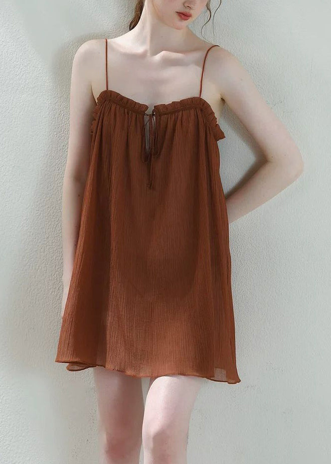 Loose Brown Ruffled Lace Up Spaghetti Strap Dress Sleeveless