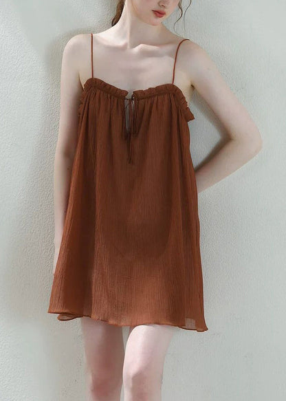 Loose Brown Ruffled Lace Up Spaghetti Strap Dress Sleeveless