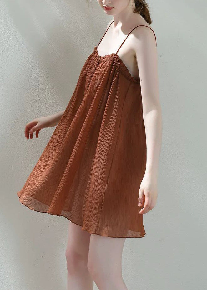 Loose Brown Ruffled Lace Up Spaghetti Strap Dress Sleeveless