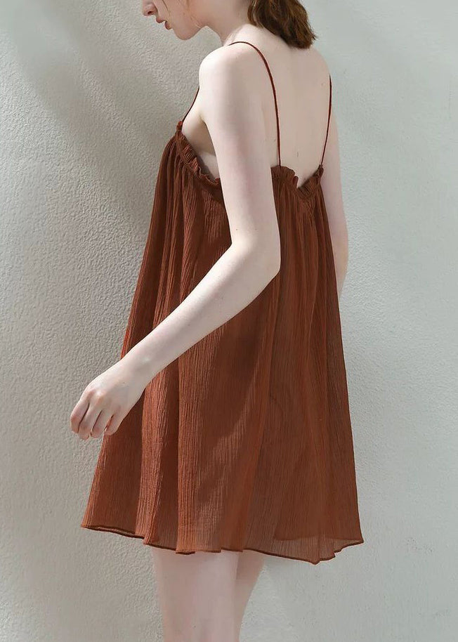 Loose Brown Ruffled Lace Up Spaghetti Strap Dress Sleeveless